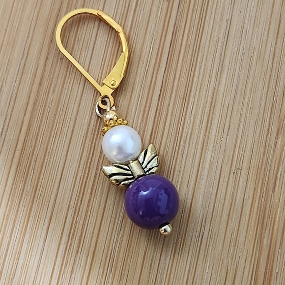 Hand Crafted Gold and Purple Beaded Earrings Pierced Dangle Angel - Picture 4 of 6